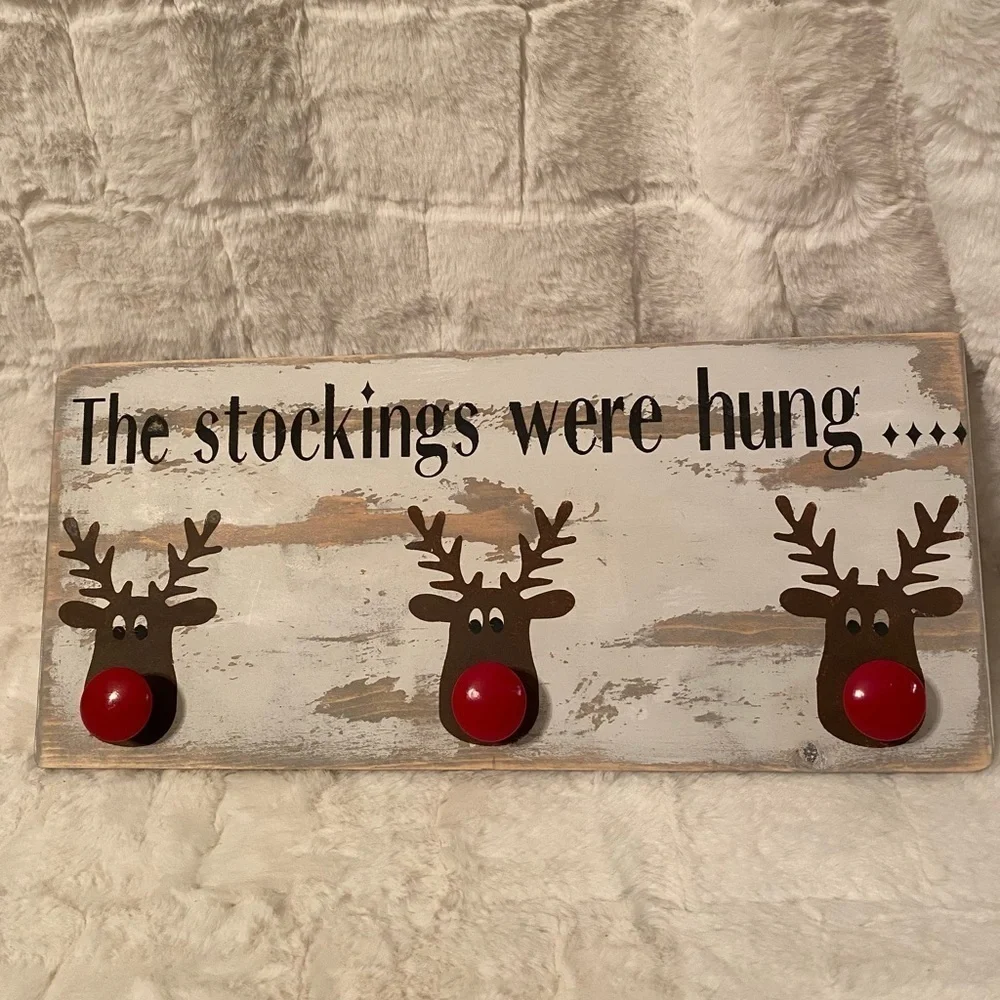 Hand Crafted Reindeer Christmas Stocking Holder/Hanger. Holds 3 Stockings